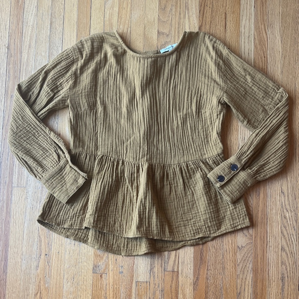 Madewell Gauze Button Back Peplum Blouse Mustard Yellow - Picture 3 of 5